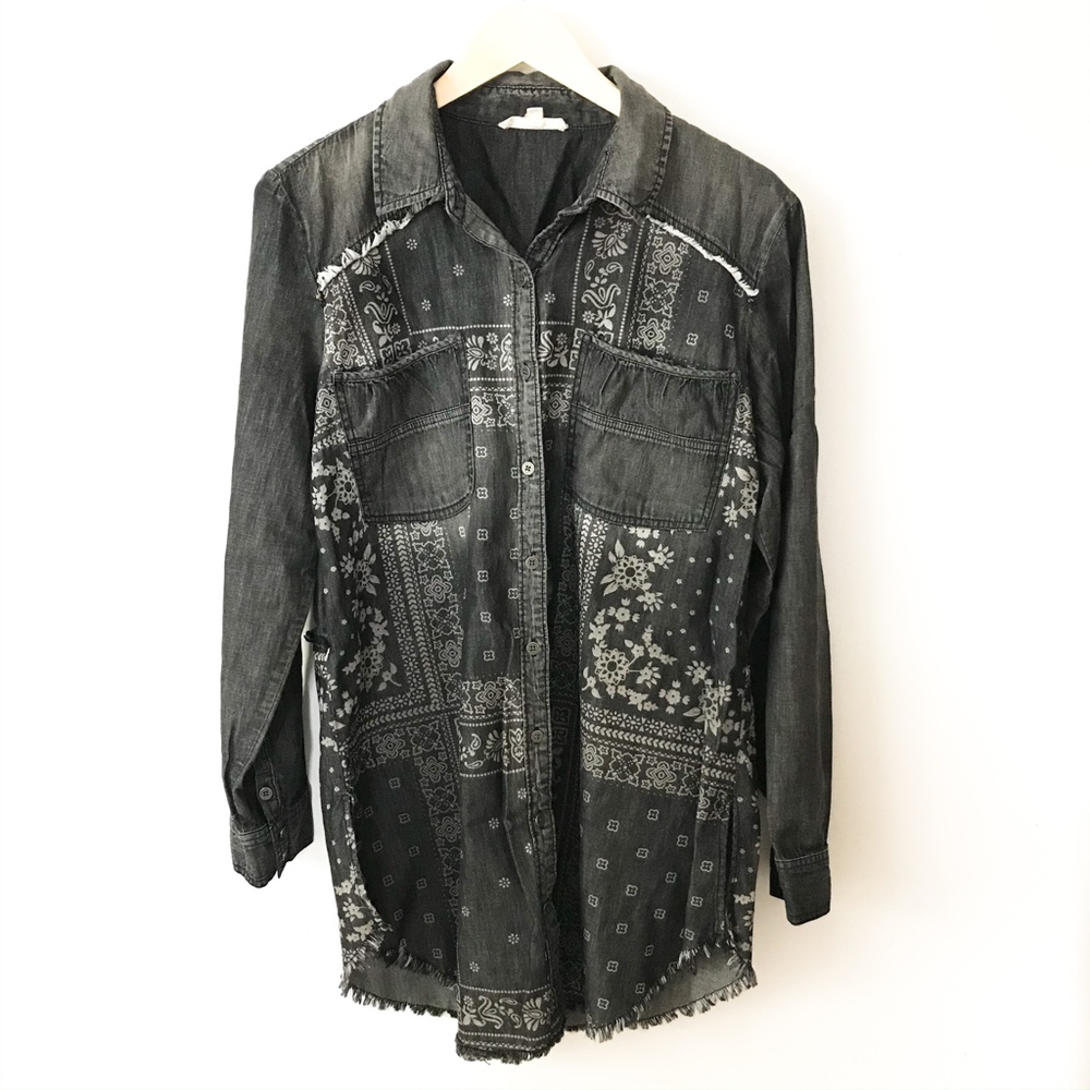 Patchwork Black Denim Button Down Tunic